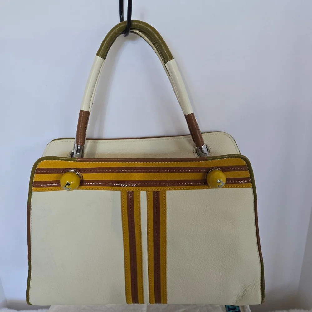Vtg Tory Burch Limited Edition Contrast-T Striped Pebbled Leather Satchel